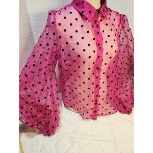 Retro 80's Polka Dots L See-through Loose Button-Up Puff Sleeve Gall Sheer Gring